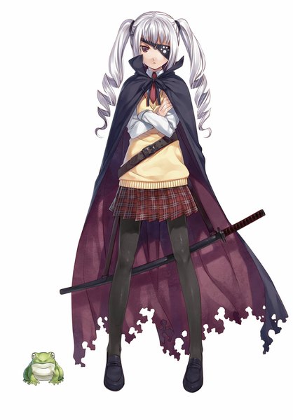 Anime picture 766x1100 with original hagure keg single long hair tall image looking at viewer fringe simple background red eyes standing white background twintails silver hair pleated skirt drill hair plaid skirt crossed arms sheathed footprints girl