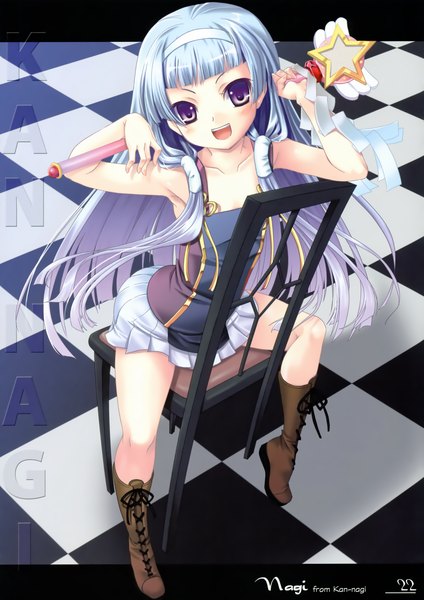 Anime picture 2776x3932 with kannagi nagi (kannagi) alto seneka single long hair tall image looking at viewer blush highres open mouth smile purple eyes bare shoulders silver hair pleated skirt multicolored hair from above checkered floor girl boots