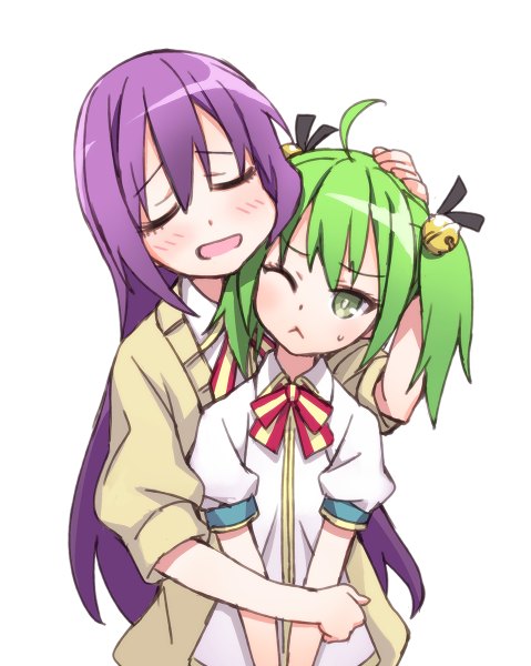 Anime picture 958x1200 with gj-bu doga kobo sumeragi shion kannazuki tamaki matsuryuu long hair tall image blush open mouth simple background white background twintails multiple girls green eyes purple hair ahoge one eye closed green hair wink hug