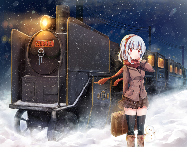 Anime picture 955x750 with original snowmi single looking at viewer blush fringe short hair red eyes standing white hair pleated skirt wind adjusting hair plaid skirt light snowing winter snow girl thighhighs