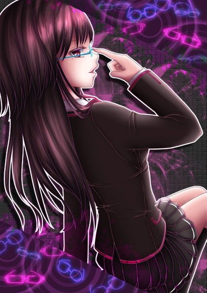 Anime picture 1753x2480 with original shitou single long hair tall image highres black hair red eyes looking back girl skirt uniform school uniform miniskirt glasses