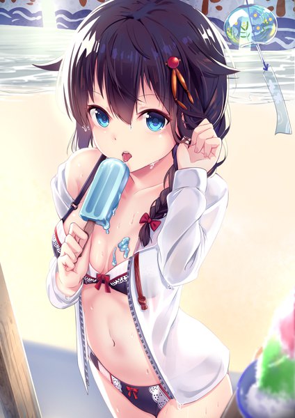 Anime picture 813x1151 with kantai collection shigure destroyer yan (nicknikg) single long hair tall image looking at viewer fringe blue eyes light erotic hair between eyes standing upper body braid (braids) off shoulder wet sweat depth of field beach single braid
