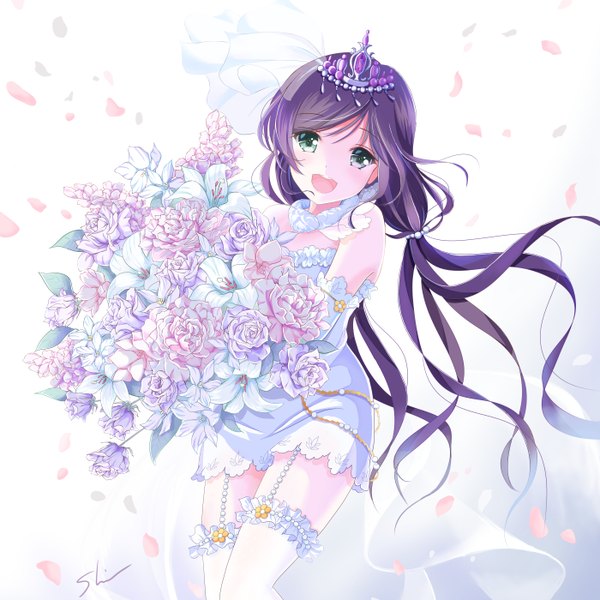 Anime picture 1400x1400 with love live! school idol project sunrise (studio) love live! toujou nozomi shino (shinderera) single long hair looking at viewer blush open mouth blue eyes twintails purple hair girl thighhighs dress flower (flowers) petals white thighhighs tiara