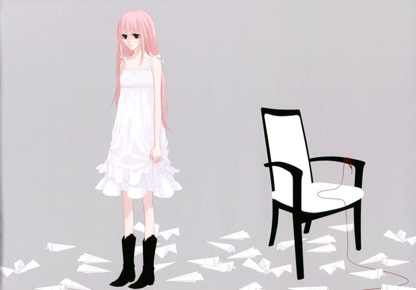 Anime picture 3442x2408 with vocaloid just be friends (vocaloid) megurine luka single long hair highres simple background bare shoulders pink hair absurdres black eyes girl dress white dress chair thread red thread paper airplane