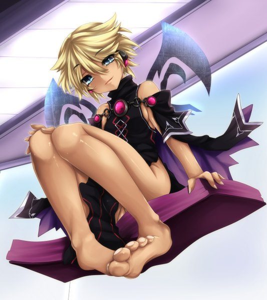 Anime picture 1200x1350 with choujigen game neptune fi-san single tall image looking at viewer short hair blue eyes light erotic blonde hair barefoot legs girl dress wings headphones