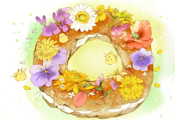 Anime picture 2000x1381 with original chai (artist) highres simple background white background no people green background flower (flowers) animal food creature chamomile dandelion poppy