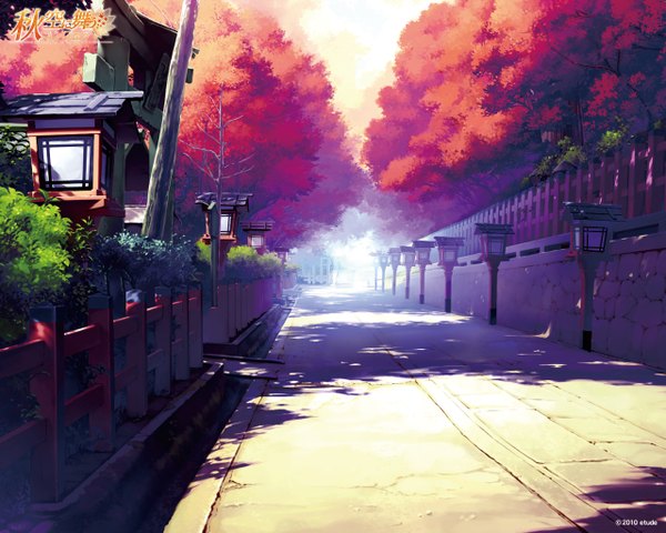 Anime picture 1280x1024 with akizora ni mau confetti ueda ryou shadow no people landscape scenic street plant (plants) tree (trees) lantern road lamppost