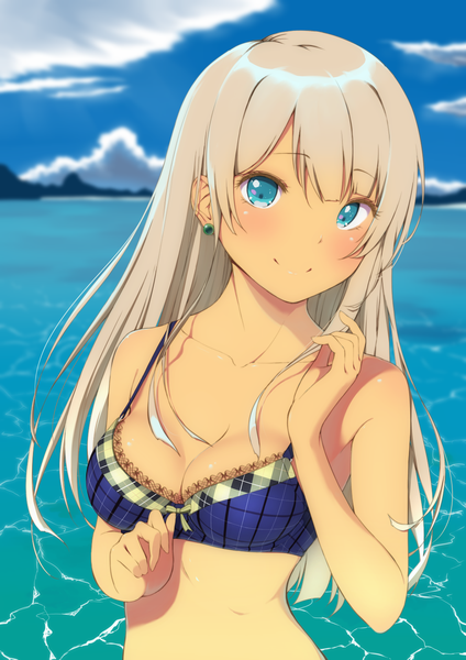 Anime picture 1061x1500 with tokyo 7th sisters alessandra susu mashimaru (muziklava) single long hair tall image looking at viewer blush fringe breasts blue eyes light erotic blonde hair smile bare shoulders sky cloud (clouds) bare belly girl earrings