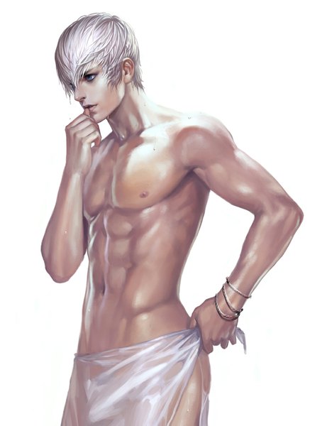 Anime picture 889x1157 with sengoku basara production i.g mitsunari ishida shitsu soku k single tall image short hair open mouth blue eyes light erotic simple background white background nipples white hair wet finger to mouth topless muscle naked towel boy