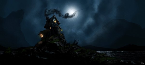 Anime picture 2252x1023 with original leeislee (artist) highres wide image night smoke landscape rock moon house