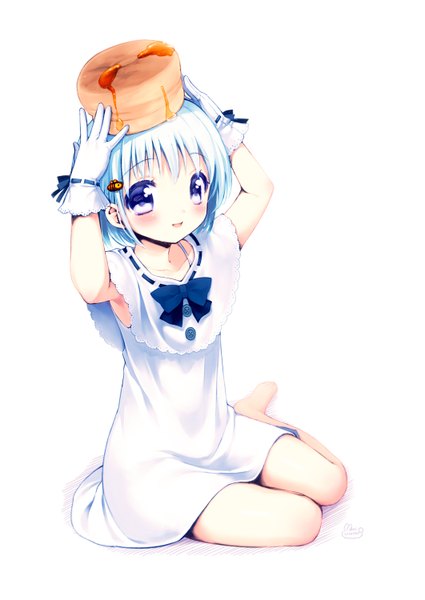 Anime picture 1062x1500 with kfc bisuke-tan usashiro mani single tall image looking at viewer blush short hair open mouth simple background white background sitting purple eyes signed blue hair barefoot loli girl dress gloves