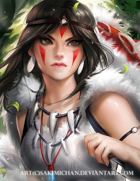 Anime picture 695x900 with mononoke hime studio ghibli san sakimichan single long hair tall image black hair bare shoulders brown eyes signed realistic teeth fang (fangs) facial mark looking up face paint girl hair ornament weapon
