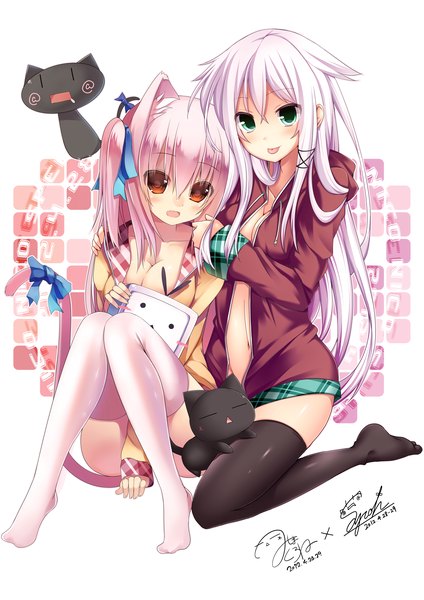 Anime picture 4093x5787 with original nico nico douga shia flatpaddy syroh mishima kurone long hair tall image blush highres open mouth light erotic red eyes multiple girls green eyes animal ears pink hair absurdres white hair cat ears open clothes