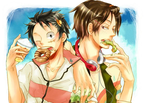 Anime picture 1869x1340 with one piece toei animation monkey d. luffy portgas d. ace togashi (choco-bakama kitchen) looking at viewer highres short hair black hair brown hair brown eyes sky one eye closed wink multiple boys grey eyes mouth hold scar eating hand on another's shoulder