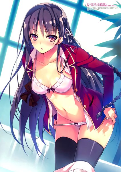 Anime picture 5259x7452 with youkoso jitsuryoku shijou shugi no kyoushitsu e horikita suzune tomose shunsaku single tall image looking at viewer blush fringe highres breasts open mouth light erotic black hair hair between eyes red eyes standing absurdres indoors braid (braids) very long hair