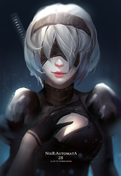 Anime picture 1500x2171 with nier nier:automata yorha no. 2 type b ibara dance single tall image fringe short hair breasts simple background smile hair between eyes signed cleavage silver hair upper body long sleeves parted lips lips mole