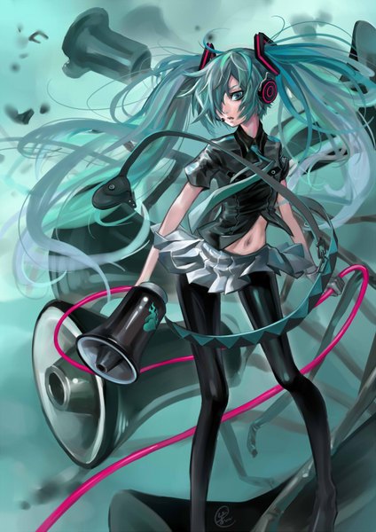 Anime picture 1240x1753 with vocaloid koi wa sensou (vocaloid) hatsune miku l.green single long hair tall image fringe standing twintails holding looking away aqua eyes hair over one eye aqua hair midriff girl thighhighs skirt navel
