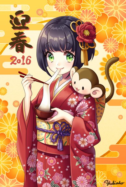 Anime picture 827x1224 with original yukinko (yukiwork) single tall image looking at viewer blush fringe short hair black hair smile holding green eyes signed blunt bangs traditional clothes japanese clothes arm up hair flower wide sleeves floral print