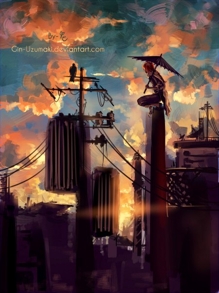 Anime picture 900x1200 with gintama sunrise (studio) kamui (gintama) gin-uzumaki single long hair tall image signed sky cloud (clouds) red hair braid (braids) evening sunset boy animal bird (birds) umbrella wire (wires) roof