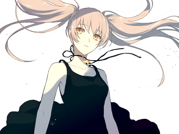 Anime picture 1600x1200 with original yadosumi single long hair simple background blonde hair white background twintails bare shoulders upper body orange eyes floating hair expressionless girl dress choker black dress star (symbol)