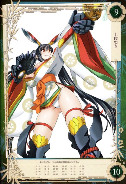 Anime picture 2075x3025 with queen's blade kaguya (queen's blade) saitom single long hair tall image blush highres breasts light erotic black hair simple background smile red eyes large breasts white background twintails looking away cleavage traditional clothes