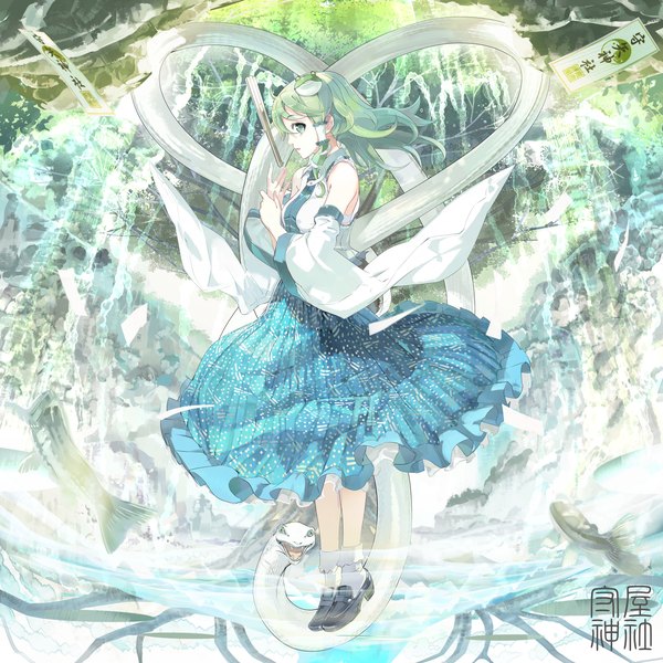 Anime picture 2000x2000 with touhou kochiya sanae 119 single long hair highres bare shoulders green eyes green hair girl skirt detached sleeves fish (fishes) hair tubes snake frog