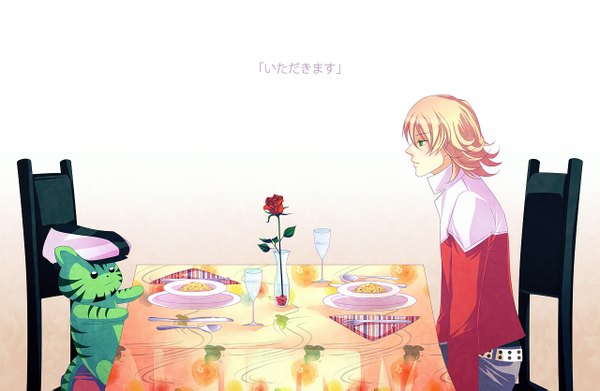 Anime picture 1280x835 with tiger & bunny sunrise (studio) kaburagi t. kotetsu barnaby brooks jr. short hair blonde hair green eyes boy flower (flowers) jacket rose (roses) toy stuffed animal chair table knife flat cap glass wine glass plate