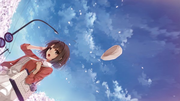 Anime picture 1920x1080 with saenai heroine no sodatekata a-1 pictures katou megumi misaki kurehito single looking at viewer highres short hair open mouth brown hair wide image standing brown eyes sky cloud (clouds) ahoge wind open jacket :o dutch angle