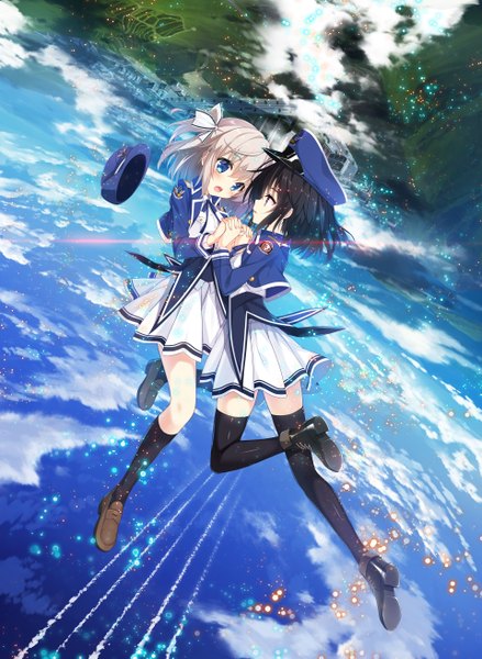 Anime picture 1920x2626 with valkyrie impulse aoi kurusu hyuga tsubame hayakawa harui tall image blush highres short hair open mouth blue eyes black hair multiple girls sky cloud (clouds) bent knee (knees) white hair holding hands flying surprised girl