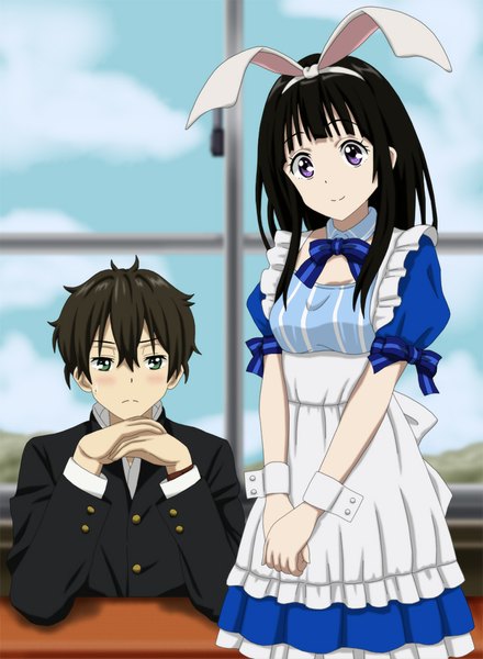 Anime picture 734x1000 with hyouka kyoto animation chitanda eru oreki houtarou cp9a long hair tall image looking at viewer short hair black hair purple eyes green eyes light smile girl dress boy uniform bow hair bow school uniform