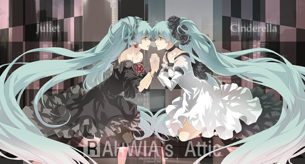 Anime picture 1000x538 with vocaloid hatsune miku rahwia long hair wide image twintails multiple girls aqua hair holding hands face to face checkered background girl dress hair ornament 2 girls rose (roses)