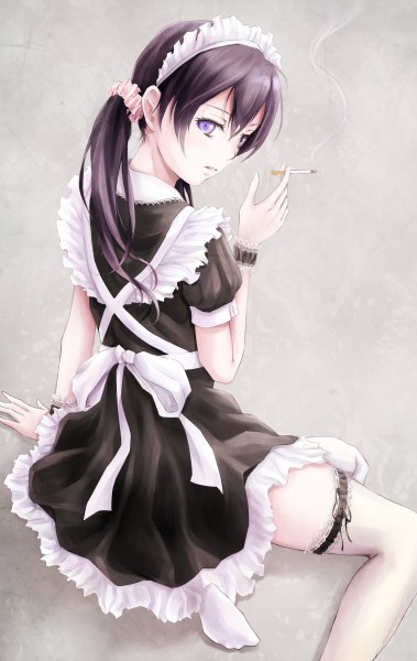 Anime picture 758x1200 with original nuwanko single long hair tall image looking at viewer blush open mouth black hair sitting purple eyes twintails looking back from behind arm support turning head smoke smoking girl thighhighs