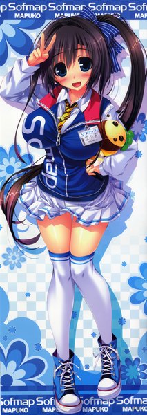 Anime picture 2141x6029 with oshiki hitoshi single long hair tall image looking at viewer blush highres open mouth blue eyes black hair ponytail girl thighhighs skirt uniform bow hair bow school uniform miniskirt white thighhighs