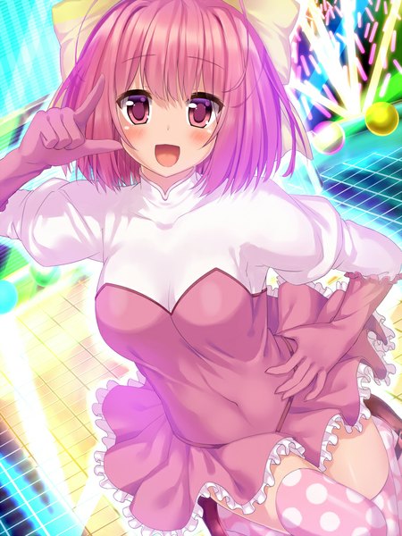 Anime picture 750x1000 with kami nomi zo shiru sekai nakagawa kanon wataru (zazazazazazawa) single tall image looking at viewer blush short hair open mouth pink hair pink eyes girl thighhighs dress gloves bow hair bow elbow gloves