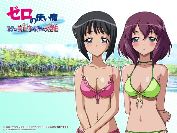 Anime picture 1600x1200 with zero no tsukaima j.c. staff siesta henrietta de tristain blush highres short hair blue eyes light erotic black hair purple hair black eyes wallpaper swimsuit bikini