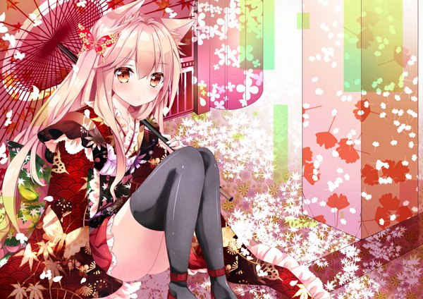 Anime picture 900x636 with original nanase nao single long hair looking at viewer blush fringe blonde hair sitting holding brown eyes animal ears yellow eyes bent knee (knees) long sleeves traditional clothes japanese clothes wide sleeves zettai ryouiki fox ears