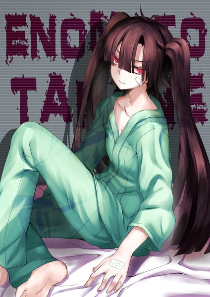 Anime picture 744x1052 with kagerou project shaft (studio) enomoto takane aki663 single long hair tall image fringe red eyes brown hair sitting twintails looking away barefoot light smile shadow character names girl wall