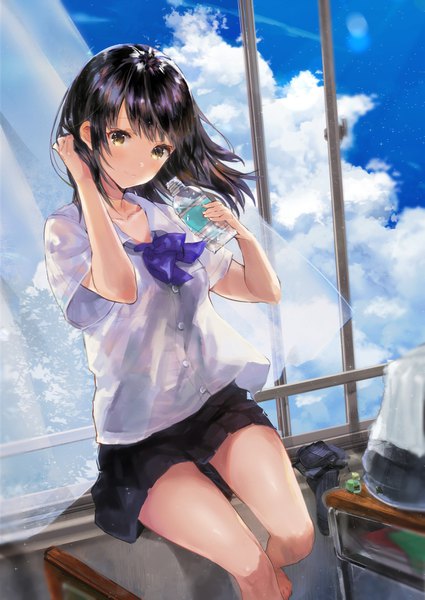 Anime picture 2632x3717 with original hitaki yuu single tall image looking at viewer highres short hair light erotic black hair smile sitting holding yellow eyes cloud (clouds) barefoot wind bare legs short sleeves adjusting hair girl