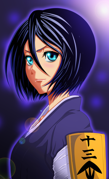 Anime picture 2408x3928 with bleach studio pierrot kuchiki rukia mansour-s single tall image blush highres short hair black hair smile traditional clothes japanese clothes aqua eyes sunlight coloring girl kimono