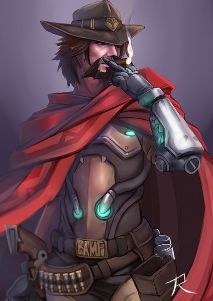 Anime picture 707x1000 with overwatch blizzard entertainment mccree (overwatch) ryumi-gin single tall image short hair simple background brown hair brown eyes signed looking away upper body smoke serious smoking boy weapon hat belt