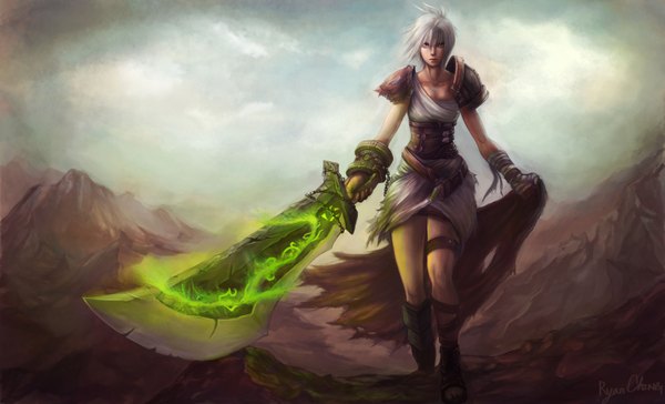 Anime picture 3150x1916 with league of legends riven (league of legends) single looking at viewer fringe highres short hair blonde hair wide image white hair girl weapon sword huge weapon huge sword