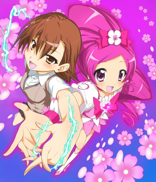 Anime picture 1500x1750 with precure to aru kagaku no railgun to aru majutsu no index heartcatch precure! toei animation j.c. staff misaka mikoto hanasaki tsubomi cure blossom yuto (dialique) long hair tall image short hair open mouth brown hair multiple girls brown eyes pink hair pink eyes floral background