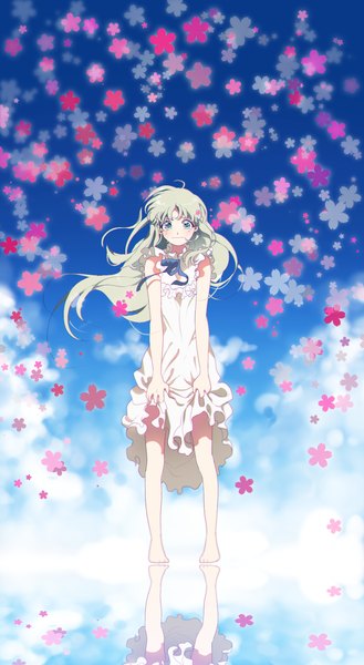 Anime picture 936x1705 with ano hi mita hana no namae wo bokutachi wa mada shiranai a-1 pictures honma meiko inhye single long hair tall image looking at viewer blush full body barefoot aqua eyes wind grey hair sleeveless tears reflection girl dress sundress