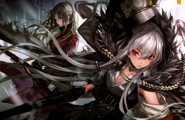 Anime picture 6454x4196 with girls frontline kar98k (girls frontline) lee-enfield (girls frontline) infukun long hair fringe highres blonde hair hair between eyes red eyes multiple girls green eyes looking away absurdres braid (braids) grey hair scan fur trim iron cross girl