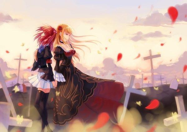 Anime picture 1086x768 with umineko no naku koro ni beatrice ushiromiya ange xiangtu blue eyes multiple girls red hair hair flower orange hair back to back girl thighhighs dress hair ornament 2 girls petals serafuku cross