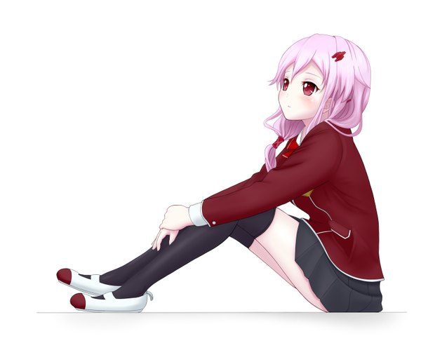 Anime picture 1433x1168 with guilty crown production i.g yuzuriha inori iray single long hair blush simple background red eyes white background sitting pink hair girl thighhighs uniform black thighhighs school uniform shoes uwabaki