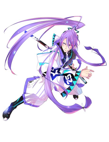 Anime picture 1063x1383 with vocaloid kamui gakupo monq (artist) single long hair tall image blush blue eyes simple background white background purple hair ahoge ponytail japanese clothes boy hair ornament weapon sword shoes headphones