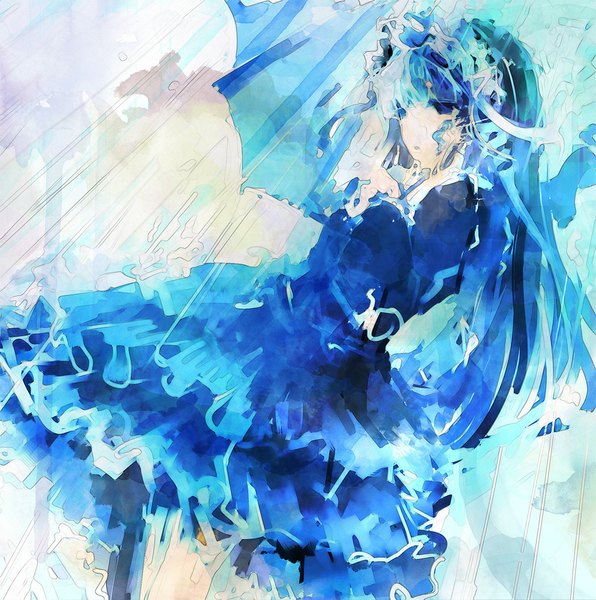 Anime picture 1000x1008 with sound horizon hortense mark (abenyugu) single long hair tall image blue eyes blue hair tattoo rain transparent umbrella polychromatic girl dress frills headdress umbrella