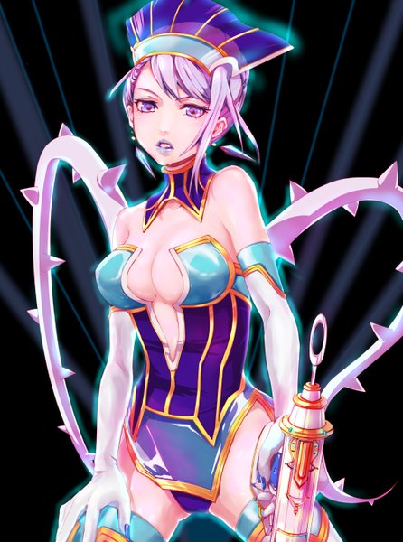 Anime picture 1000x1344 with tiger & bunny sunrise (studio) karina lyle blue rose (tiger & bunny) keepout single tall image looking at viewer short hair breasts light erotic large breasts pink hair cleavage pink eyes fingernails lips lipstick dark background superhero