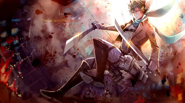 Anime picture 1600x900 with shingeki no kyojin original production i.g the cecile single looking at viewer fringe short hair hair between eyes wide image holding signed aqua eyes aqua hair open jacket soles head wings dual wielding boy weapon